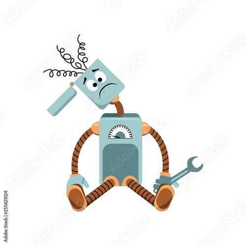 The robot has broken, springs sticking out of the head, holding a wrench.