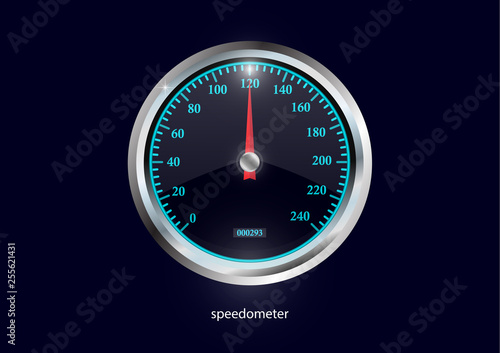 Speedometer. Round black caliber with chrome frame. Bright neon speed indicators. Vector 3d illustration for your design.