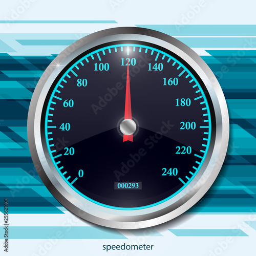 Speedometer on color abstract geometric background. Round black caliber with chrome frame. Bright neon speed indicators.