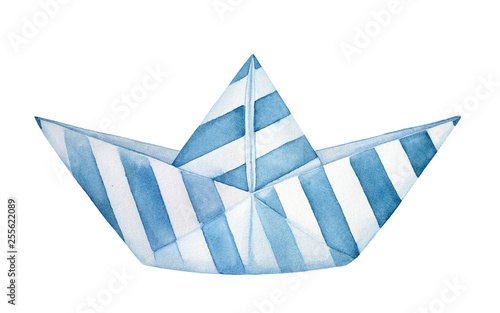Tableau sur toile Little decorative folded paper boat decorated with blue stripes pattern
