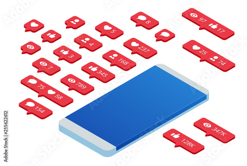 Isometric set of icon like, icon follower icon comment and phone. Communication in social networks. Screen with modern gradient.
