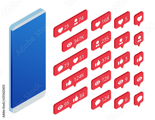 Isometric set of icon like, icon follower icon comment and phone. Communication in social networks. Screen with modern gradient.