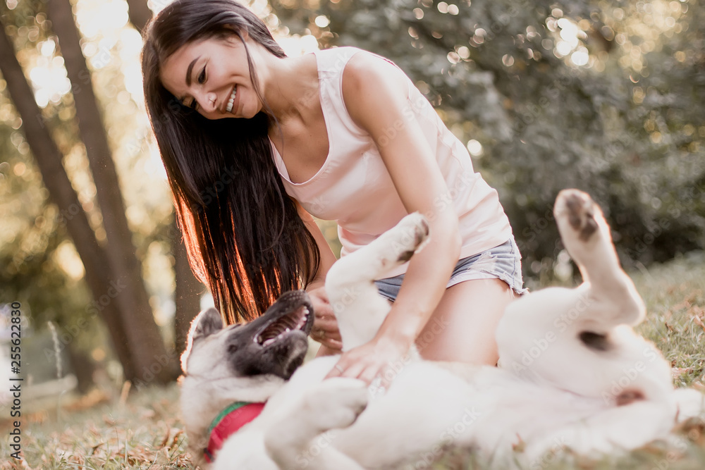 Beautiful woman playing with a dog walking in the park. Beautiful woman playing with a dog walking in the park.