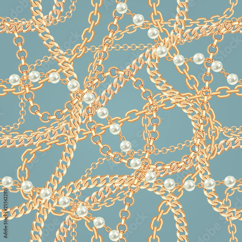 Seamless pattern background with pears and chains golden metallic necklace. On vintage blue. Vector illustration