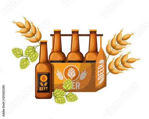 box with beer bottles and wheat isolated icon