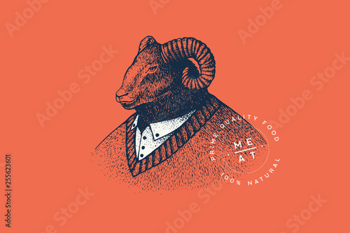 Vector image of a male ram in a white shirt and sweater in the technique of engraving on a red background. Template for logo, emblem in retro style for butcher shop. Premium quality meat products.