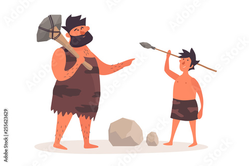 A primitive man with a homemade ax teaches a boy to throw a spear. Prehistoric people dressed in pelts on a white isolated background. The life of Neanderthals and cavemen. Vector flat illustration.