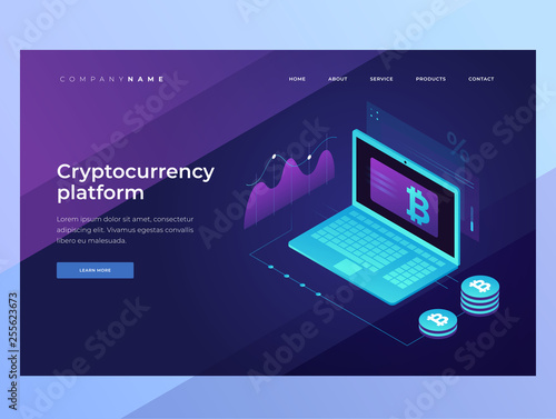 Cryptocurrency and Blockchain concept. Mining bitcoins. Digital money market, investment, finance and trading. Landing Page. 3D isometric design. Vector illustration for web banners.