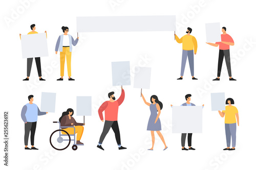 Men, women and a person in disabled carriage are holding blank posters. The concept of active life position. People showing important information. Vector illustration.