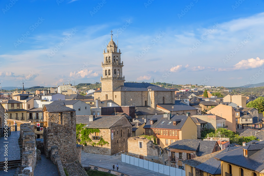 Ponferrada, Spain. Scenic view of the city and the Basilica of Encina from the fortress wall