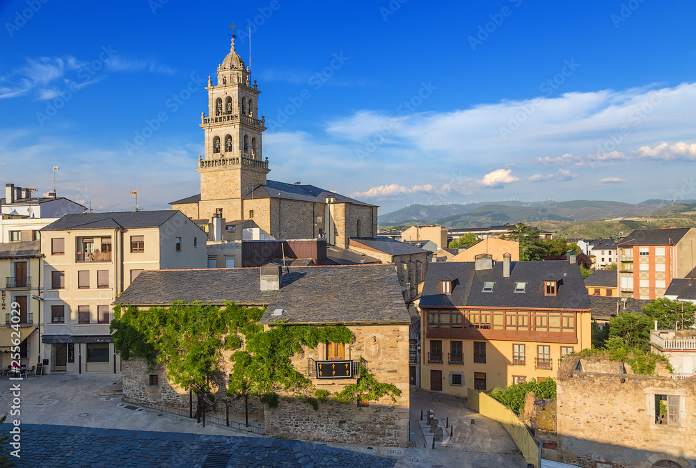 Ponferrada, Spain. Scenic view of the city and the Basilica of Encina at sunset
