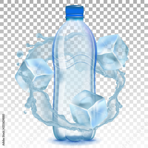 Realistic bottle with a splash of water and ice cubes.