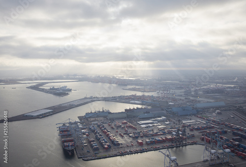 Aerial view of Port of LA in Long Beach, California. Port of Los Angeles is one of the largest water transportations systems in the World.