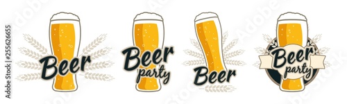 Wheat beer. Beer glass with foam and ears of wheat. Quality logo, emblem, badge, patch stock vector. Vector illustration for web, poster, invitation to party.