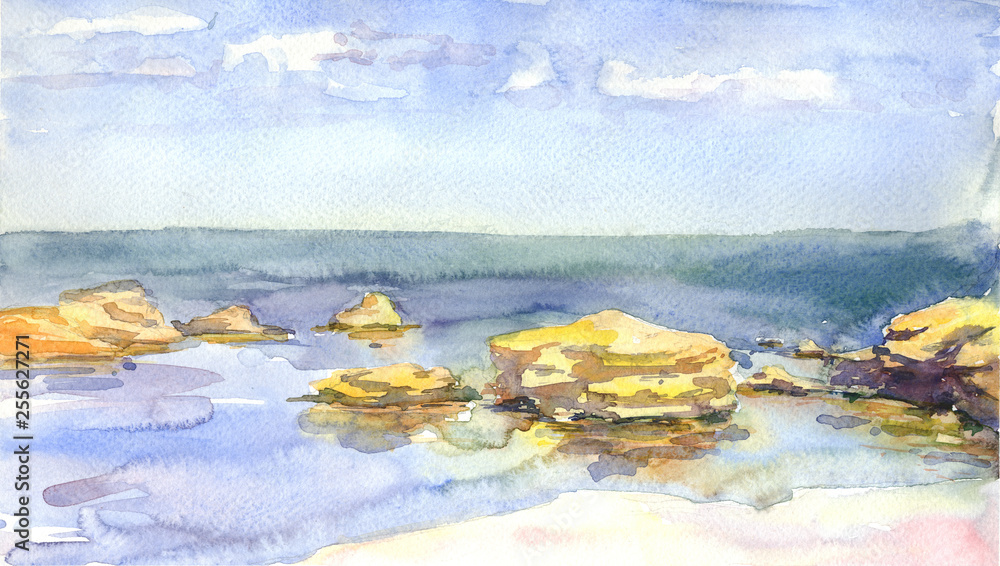 Seascape, stones in the sea calm water with reflection,hand drawn,watercolor sketch