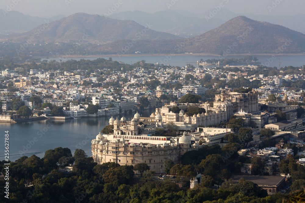 Panoramic view of the Udaipur City and lake Pichola in Rajasthan, India