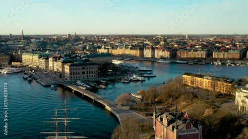 Aerial footage of a beautiful island in Stockholm, Skeppsholmen, with a view over Strandvägen. photo