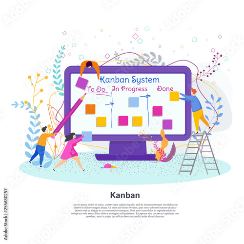 Tiny people with Kanban Project Management System on computer screen.