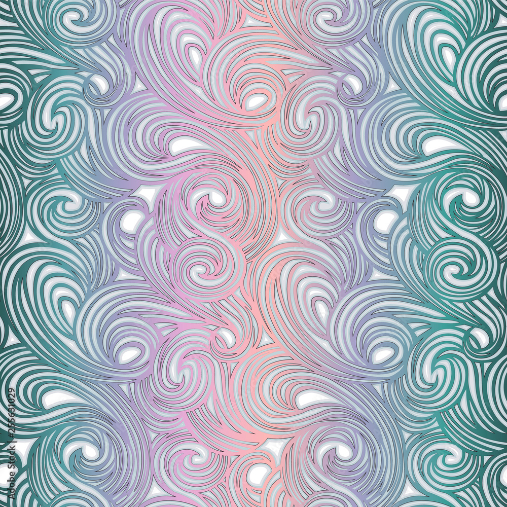 Abstract seamless vector pattern. Vortex stripes pattern in delicate violet, pink, emerald and coral pastel colors. Wallpaper design, textiles, postal packaging. Abstract seamless vector pattern. Vortex stripes pattern in delicate violet, pink, emerald and coral pastel colors. Wallpaper design, textiles, postal packaging.