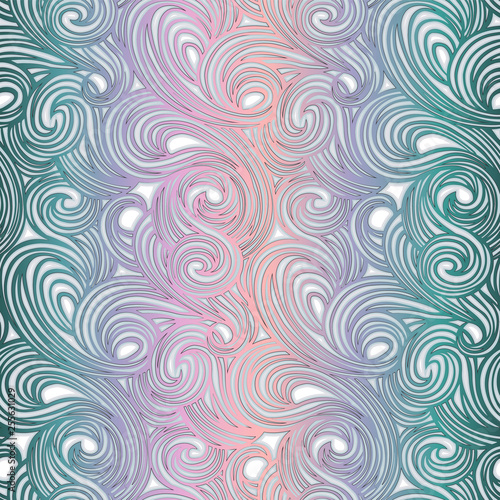 Abstract seamless vector pattern. Vortex stripes pattern in delicate violet, pink, emerald and coral pastel colors. Wallpaper design, textiles, postal packaging. 
