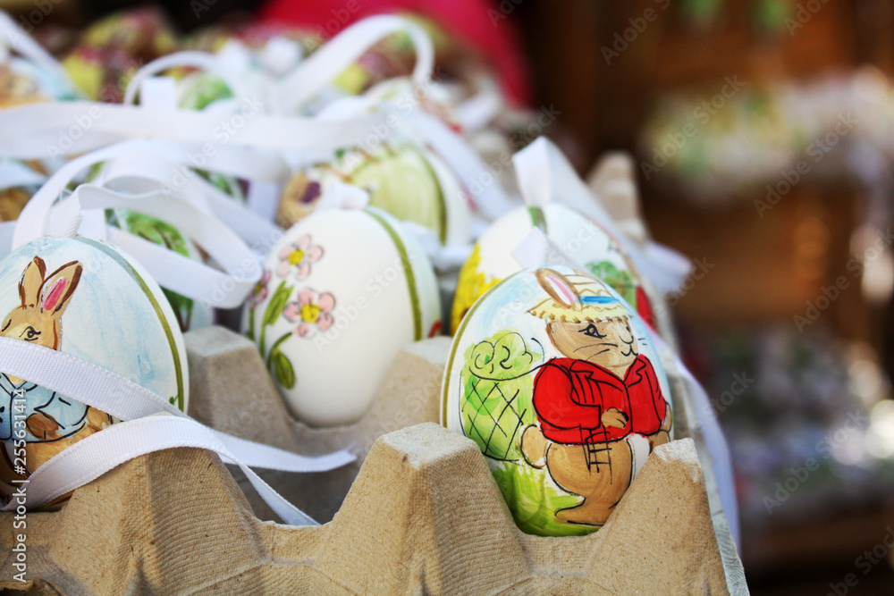 Easter market decor with ribbons, birds, eggs. Vienna Austria.