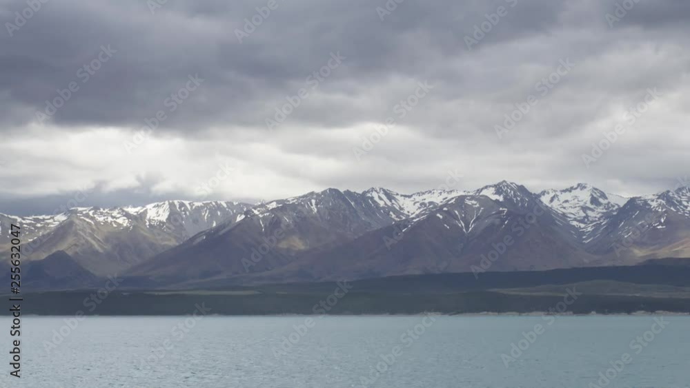 Timelapse cloudy day at snow mountain new Lake Pukaki. Timelapse cloudy day at snow mountain new Lake Pukaki.