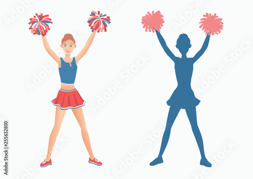 Cheerleader with pom-poms and her silhouette on white background.