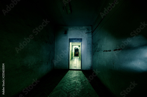 Dark corridor. Mystical interior of dark empty corridor, tunnel in an abandoned house. Dark mysterious corridor. The interior of an abandoned house, road to hell.
