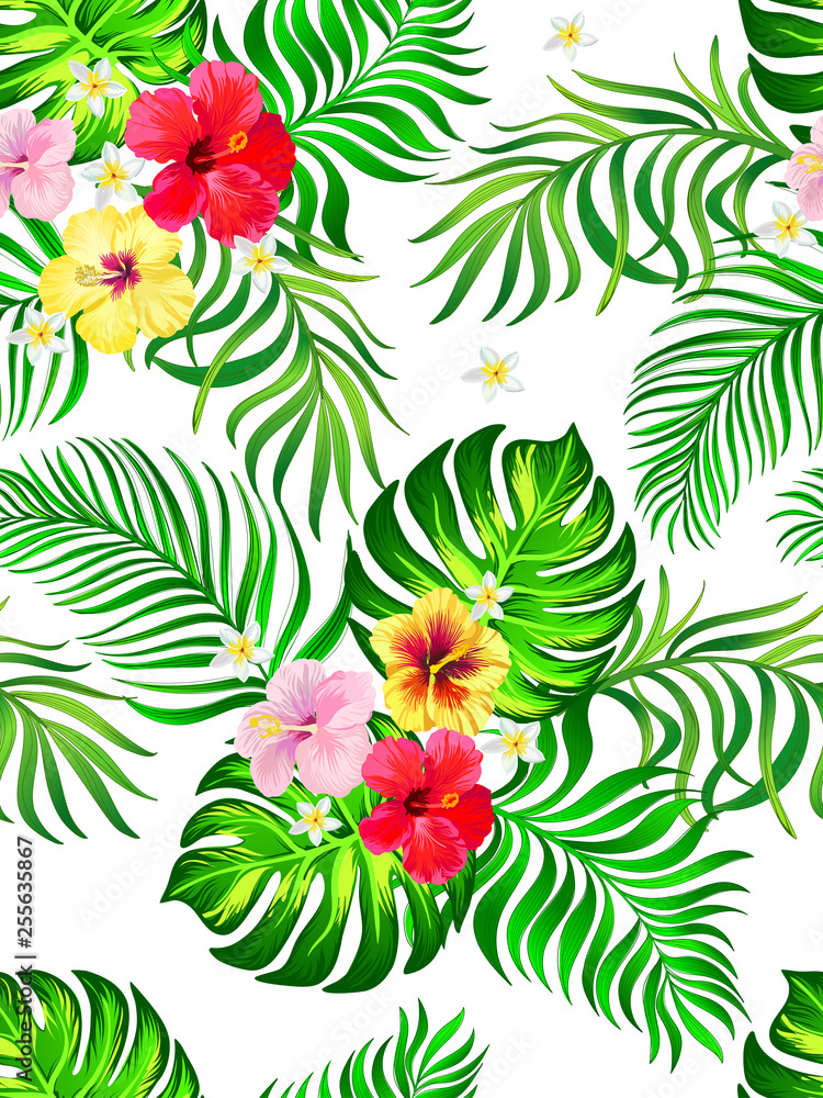 Tropical vector seamless background with palm leaves and flowers.