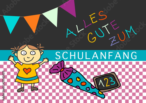 Alles Gute zum Schulanfang Karte mit Mädchen