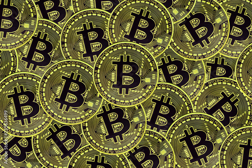 Many gold coins with Bitcoin sign, It is a cryptocurrency background. © Jana