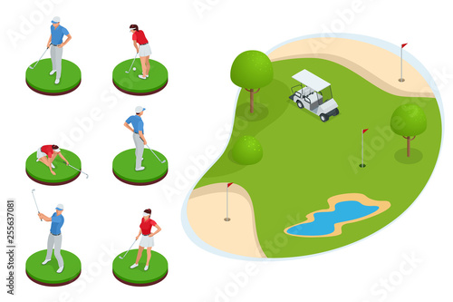Isometric set of golf elements. Equipment for playing golf isolated vector illustration