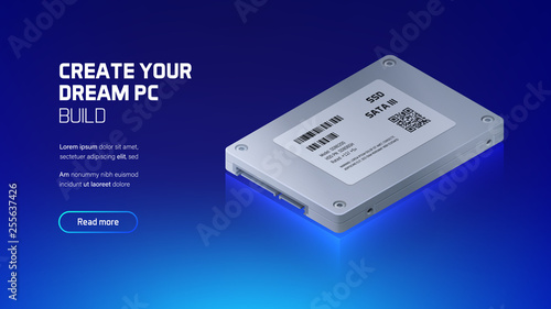 SSD 2.5" disk realistic 3d isometric illustration, personal computer hardware components, custom gaming and workstation accessories, pc store and service