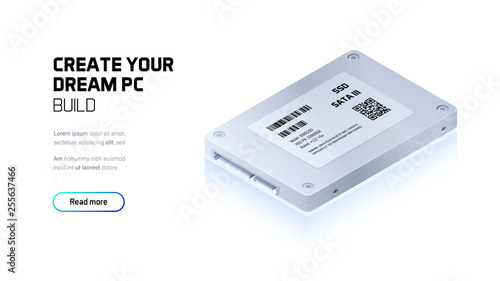 SSD 2.5" disk realistic 3d isometric illustration, personal computer hardware components, custom gaming and workstation accessories, pc store and service