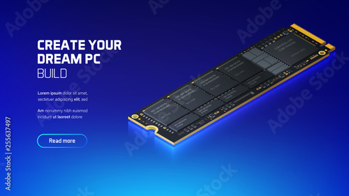 NVME Express M.2 memory realistic 3d isometric illustration, personal computer hardware components, custom gaming and workstation accessories, pc store and service