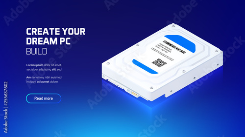 Hard disk realistic 3d isometric illustration, personal computer hardware components, custom gaming and workstation accessories, pc store and service