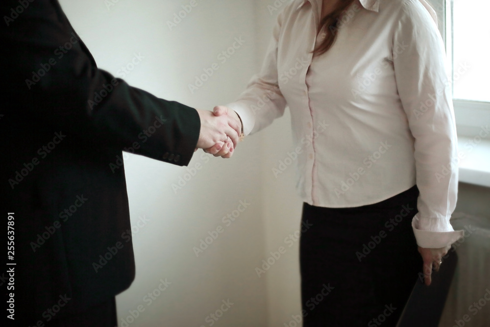 Fototapeta premium close up.handshake business woman and businessman standing in office
