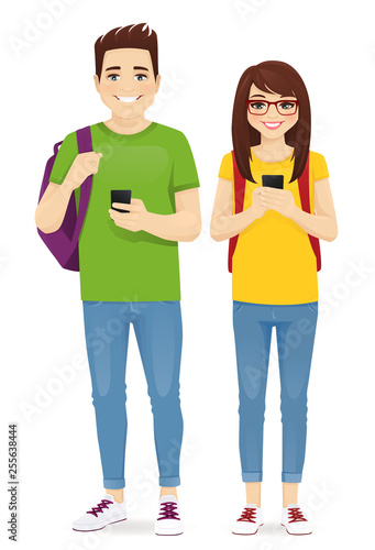 Young people with gadgets and backpacks. Students use mobile phones vector illustration isolated