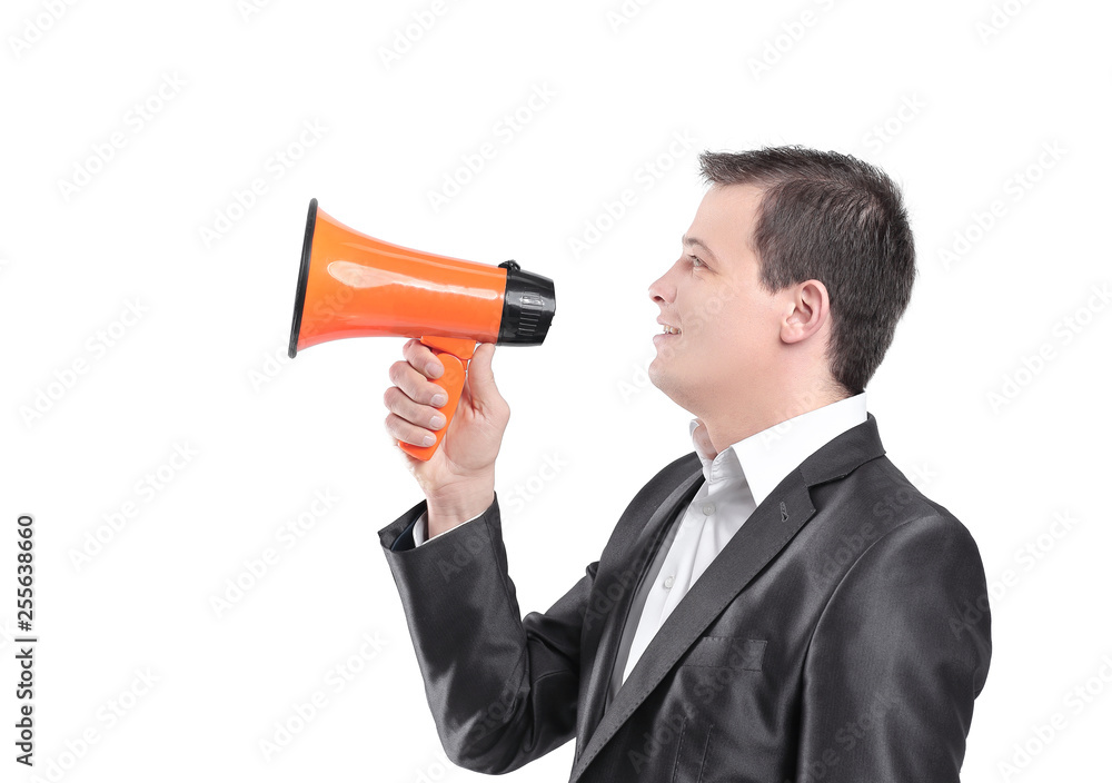 confident young businessman with megaphone.isolated on white confident young businessman with megaphone.isolated on white