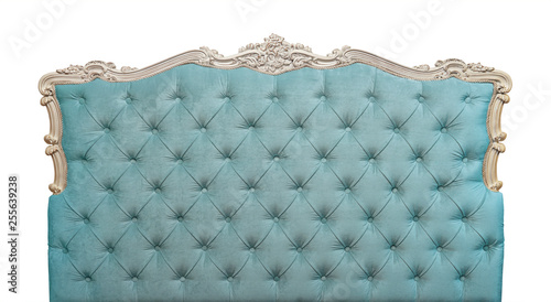 Konstfotografi Blue velvet bed headboard isolated on white