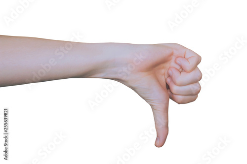 Thumbs down sign gesture, young woman hand isolated
