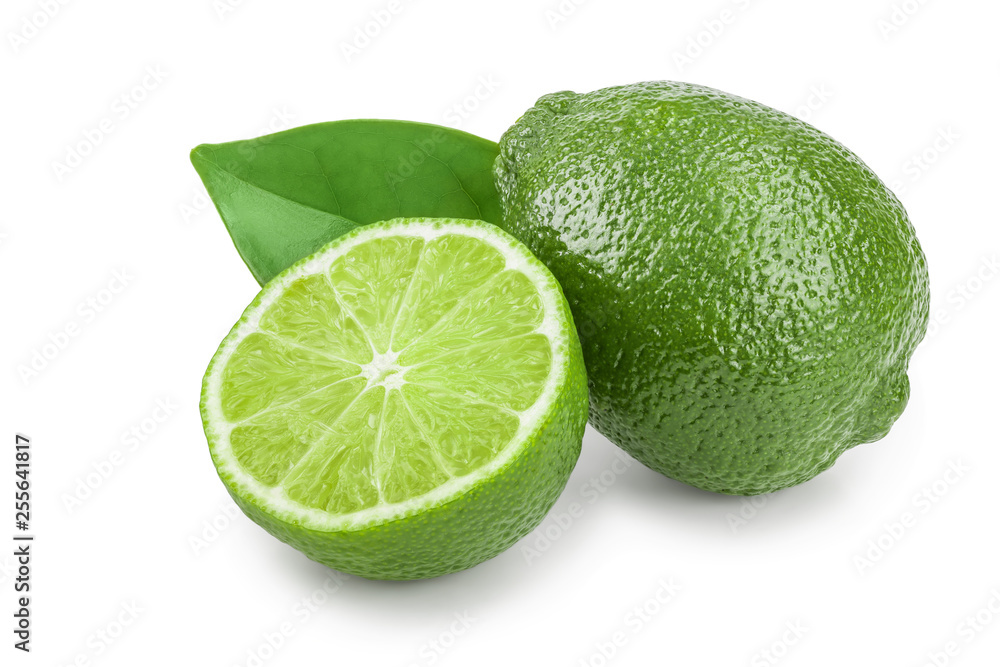 lime with half and leaf isolated on white background lime with half and leaf isolated on white background