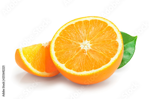 orange fruit half with leaves isolated on white background