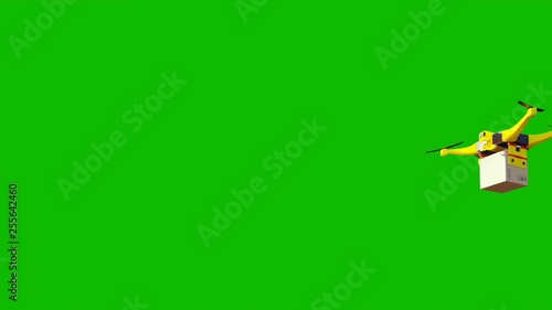 Autonomous delivery of parcels by unmanned drones on green screen.