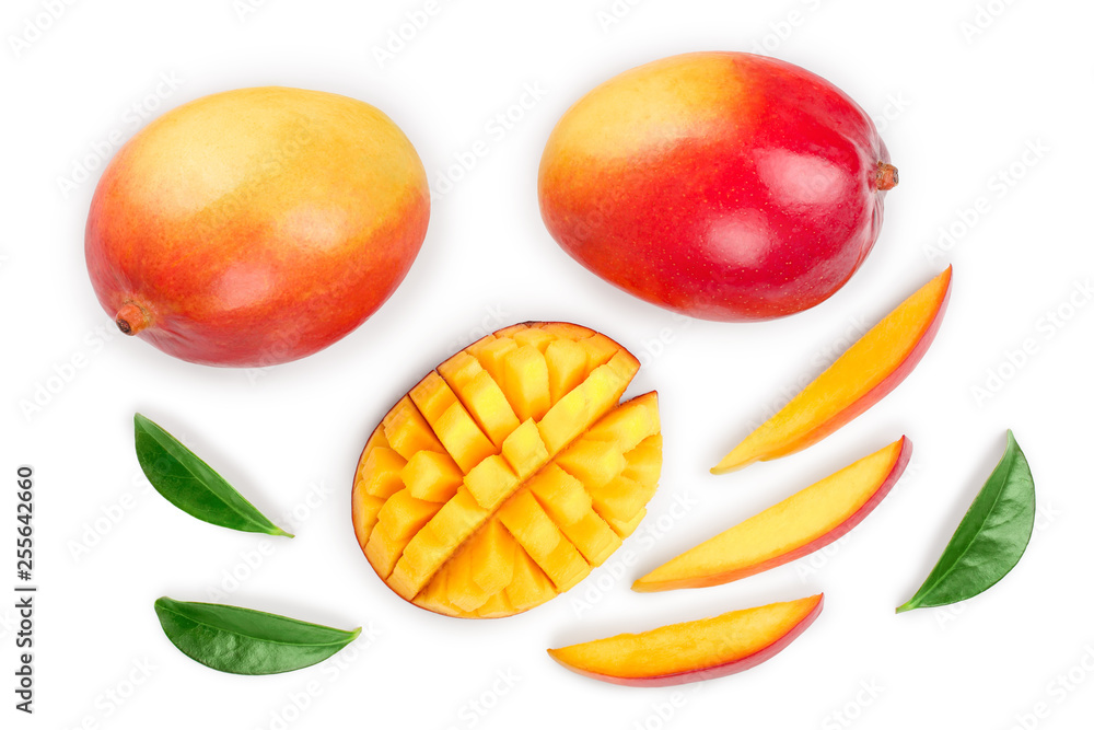 Mango fruit and half with slices isolated on white background. Set or collection. Top view. Flat lay