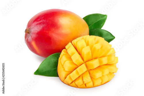 Mango fruit half with leaves and slices isolated on white background close-up