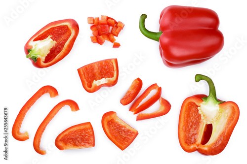 red sweet bell pepper isolated on white background. Top view. Flat lay photo