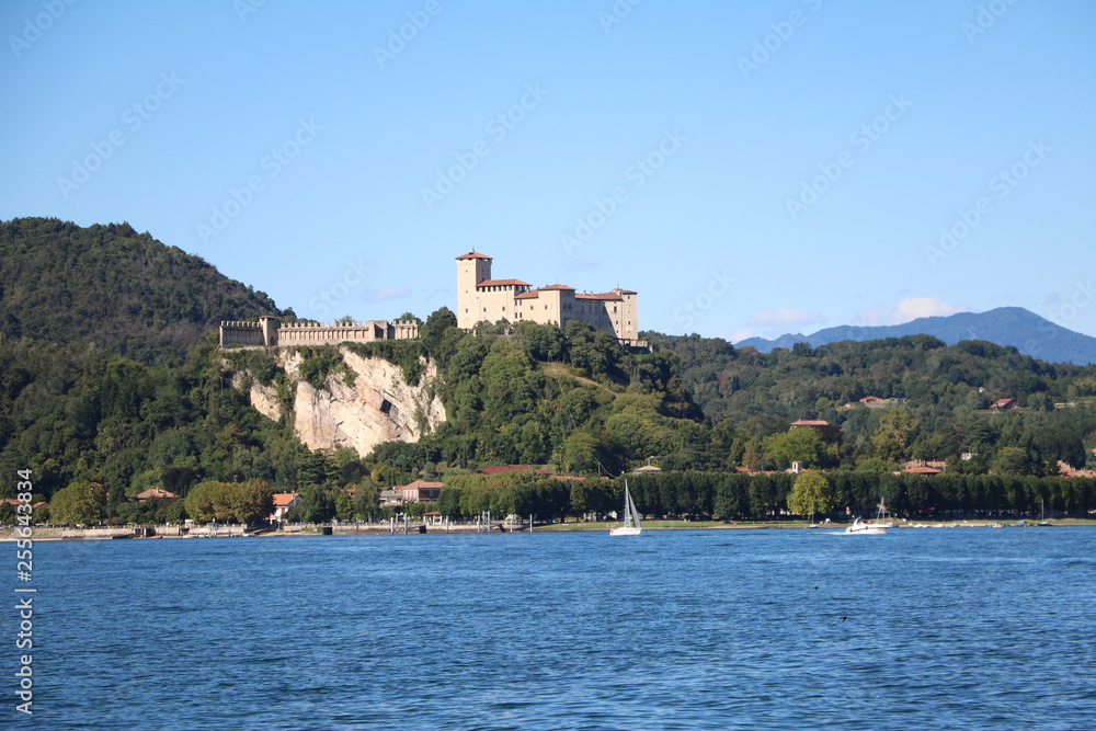 View to Castle Rocca d'Angera in Angera at Lake Maggiore, Italy
