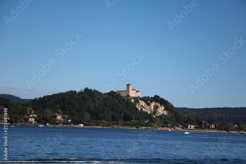 View to Castle Rocca d'Angera in Angera at Lake Maggiore, Italy