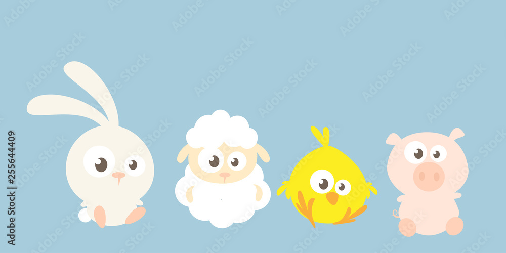 Cute baby farm animal friends - bunny lamb chicken and pig